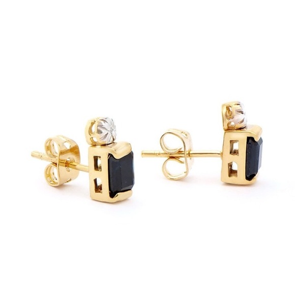 Art Deco Retro Inspired Plated 18KT Yellow Gold Black Sapphire Diamond Earrings - Picture 2 of 3